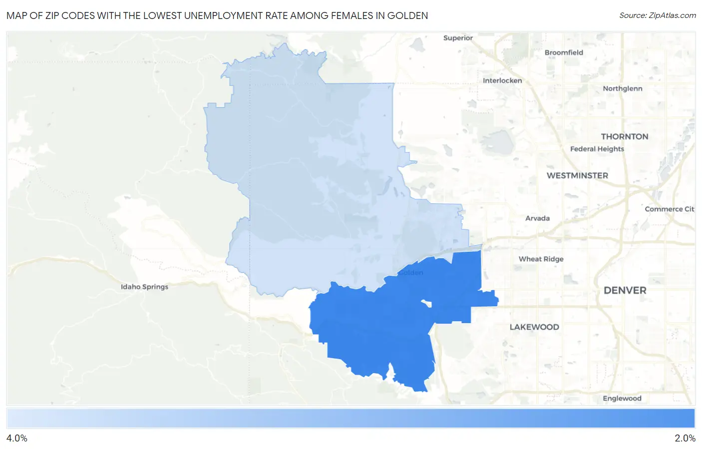 Zip Codes with the Lowest Unemployment Rate Among Females in Golden Map