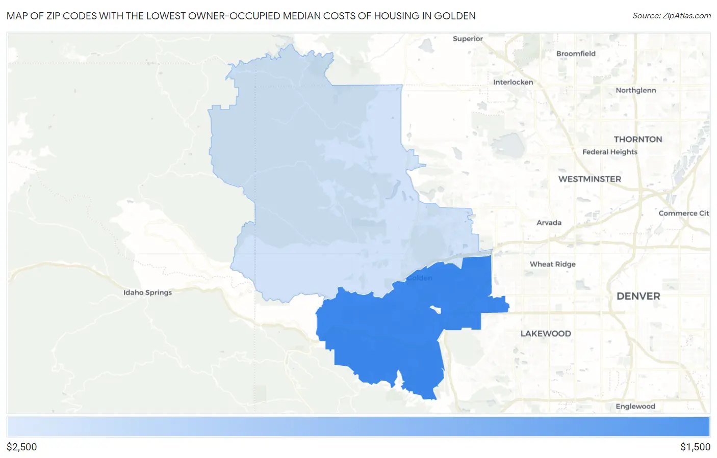 Zip Codes with the Lowest Owner-Occupied Median Costs of Housing in Golden Map
