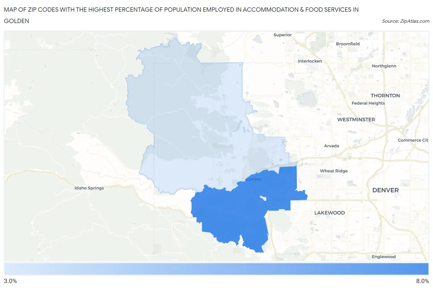 Zip Codes with the Highest Percentage of Population Employed in Accommodation & Food Services in Golden Map