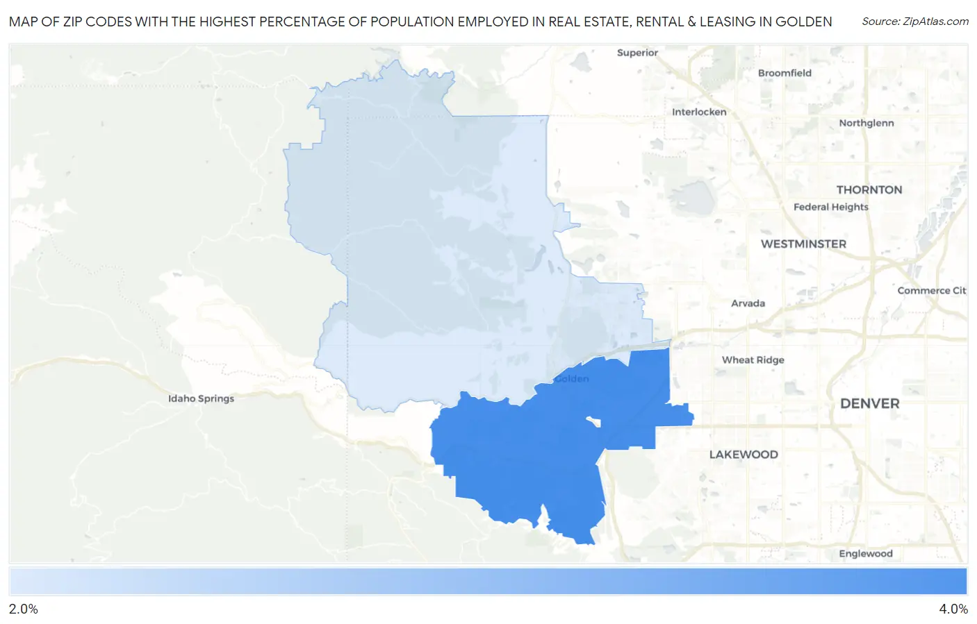 Zip Codes with the Highest Percentage of Population Employed in Real Estate, Rental & Leasing in Golden Map