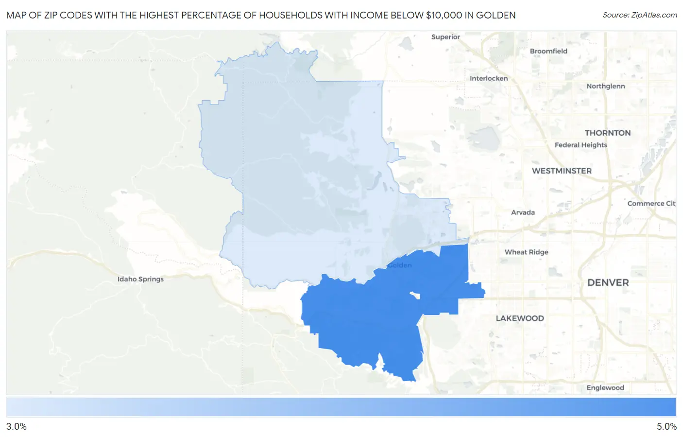Zip Codes with the Highest Percentage of Households with Income Below $10,000 in Golden Map