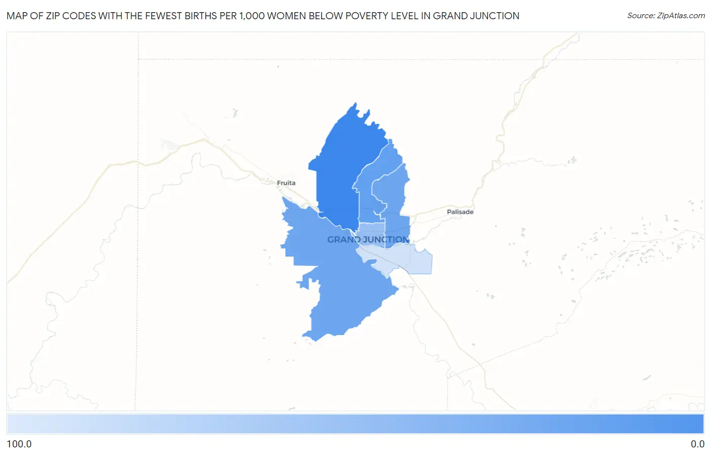 Zip Codes with the Fewest Births per 1,000 Women Below Poverty Level in Grand Junction Map