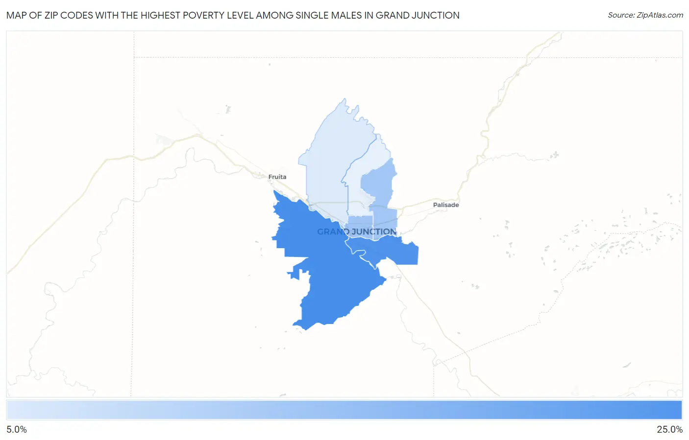 Zip Codes with the Highest Poverty Level Among Single Males in Grand Junction Map