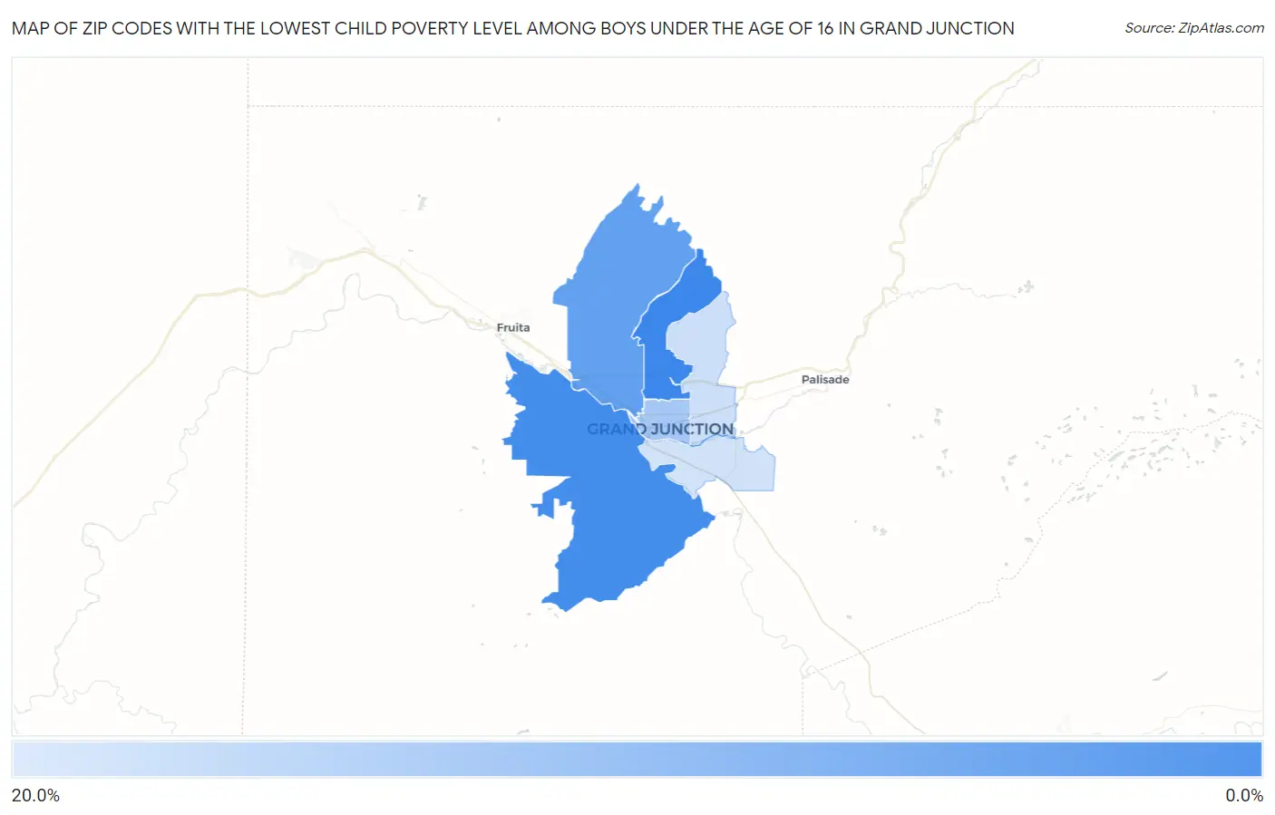 Zip Codes with the Lowest Child Poverty Level Among Boys Under the Age of 16 in Grand Junction Map