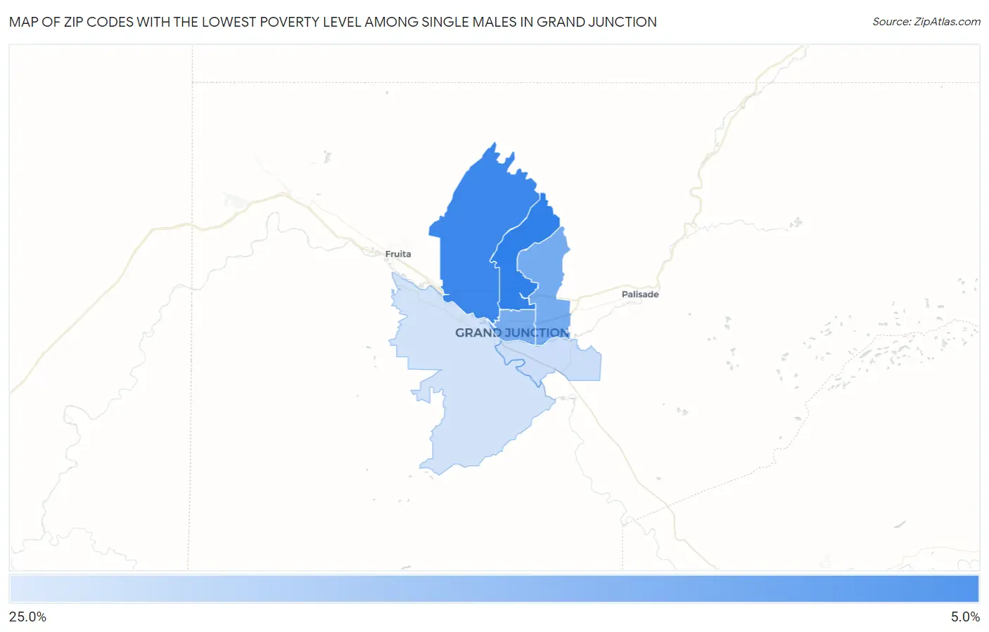 Zip Codes with the Lowest Poverty Level Among Single Males in Grand Junction Map