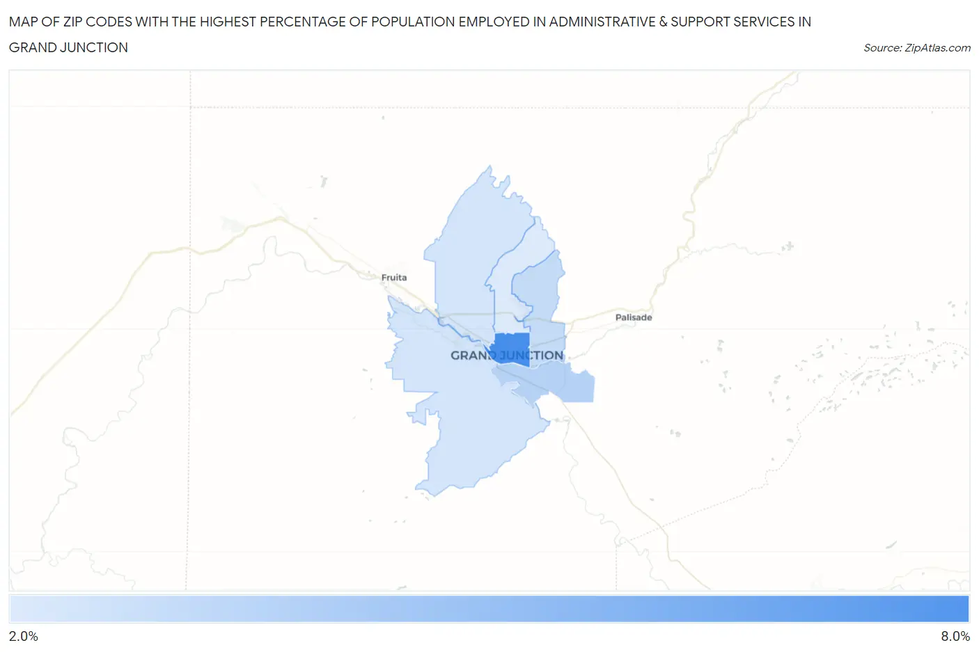 Zip Codes with the Highest Percentage of Population Employed in Administrative & Support Services in Grand Junction Map