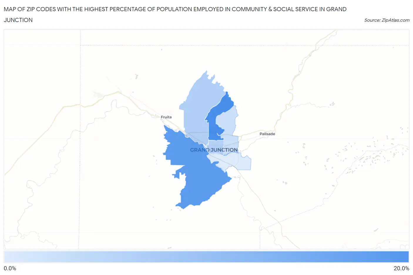 Zip Codes with the Highest Percentage of Population Employed in Community & Social Service  in Grand Junction Map