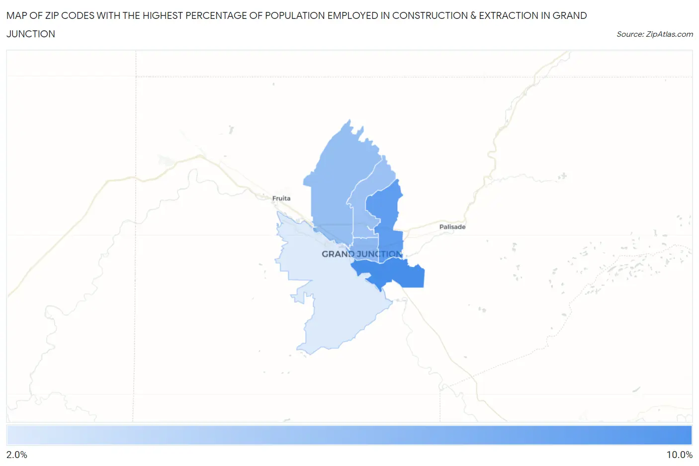 Zip Codes with the Highest Percentage of Population Employed in Construction & Extraction in Grand Junction Map