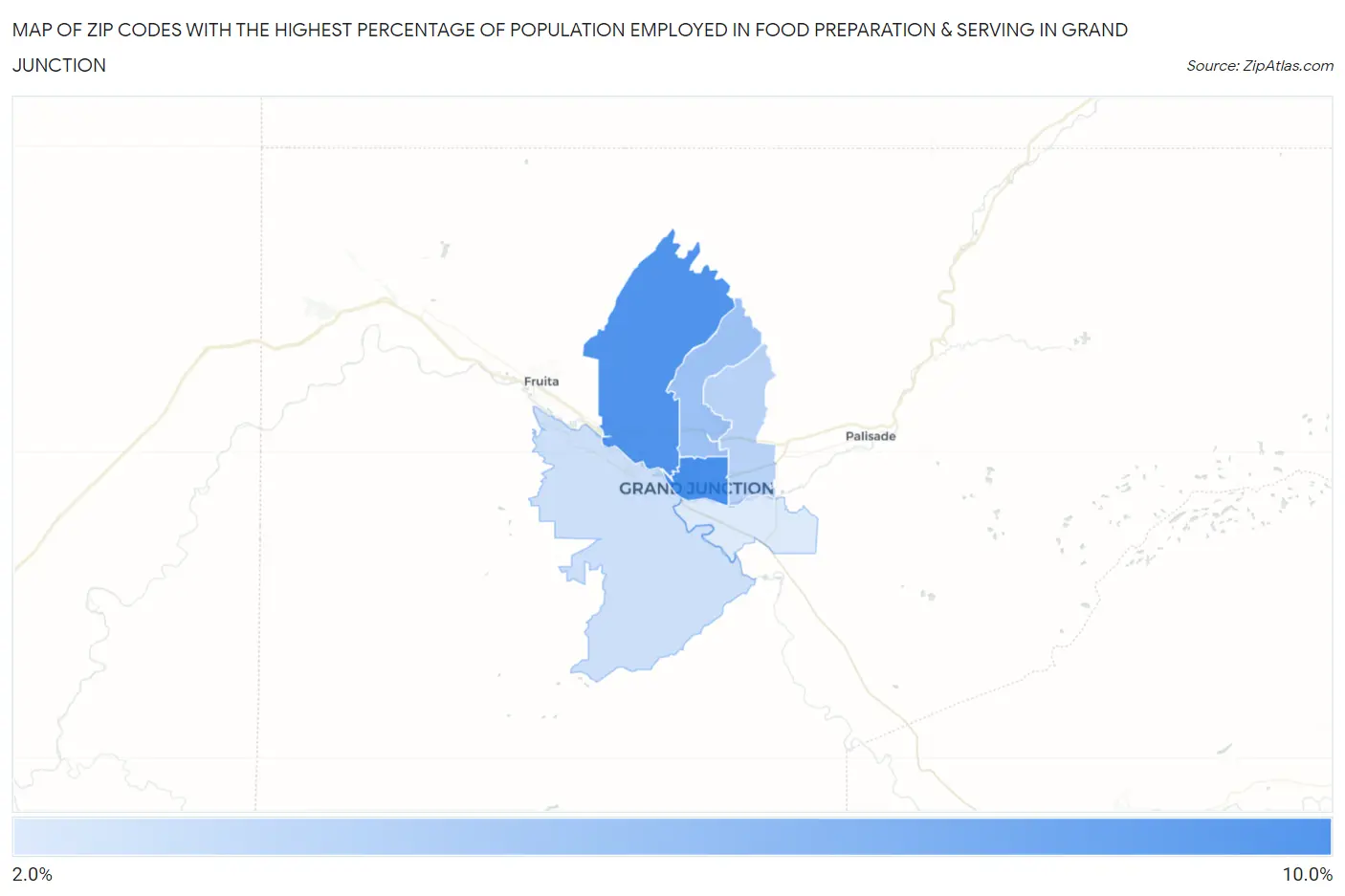 Zip Codes with the Highest Percentage of Population Employed in Food Preparation & Serving in Grand Junction Map