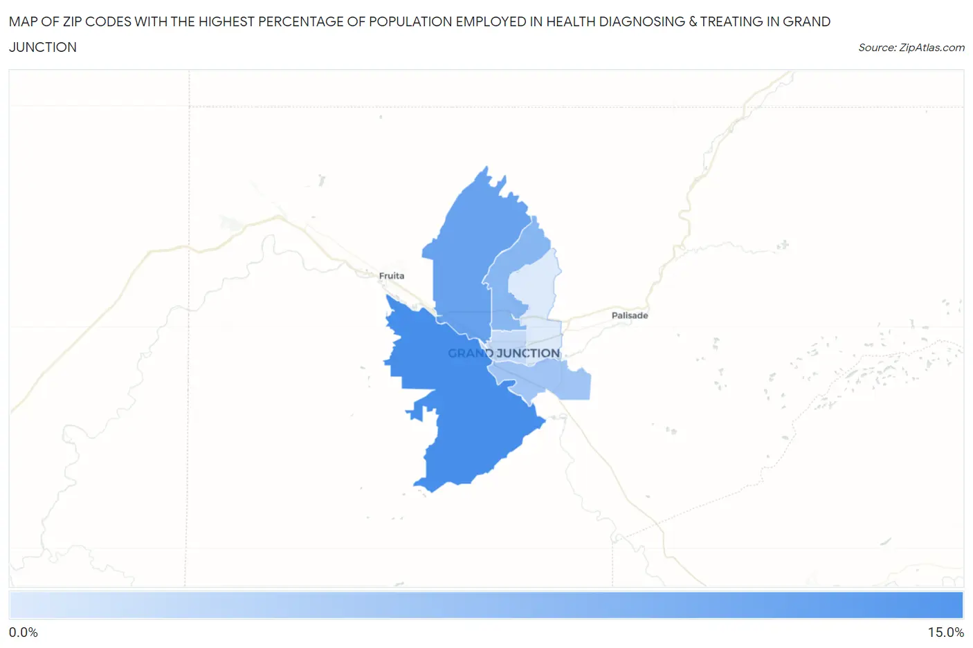 Zip Codes with the Highest Percentage of Population Employed in Health Diagnosing & Treating in Grand Junction Map