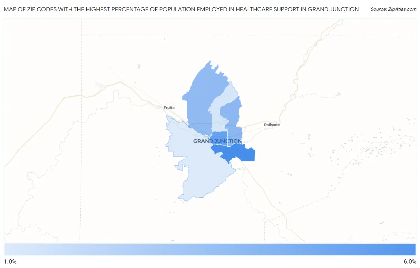 Zip Codes with the Highest Percentage of Population Employed in Healthcare Support in Grand Junction Map