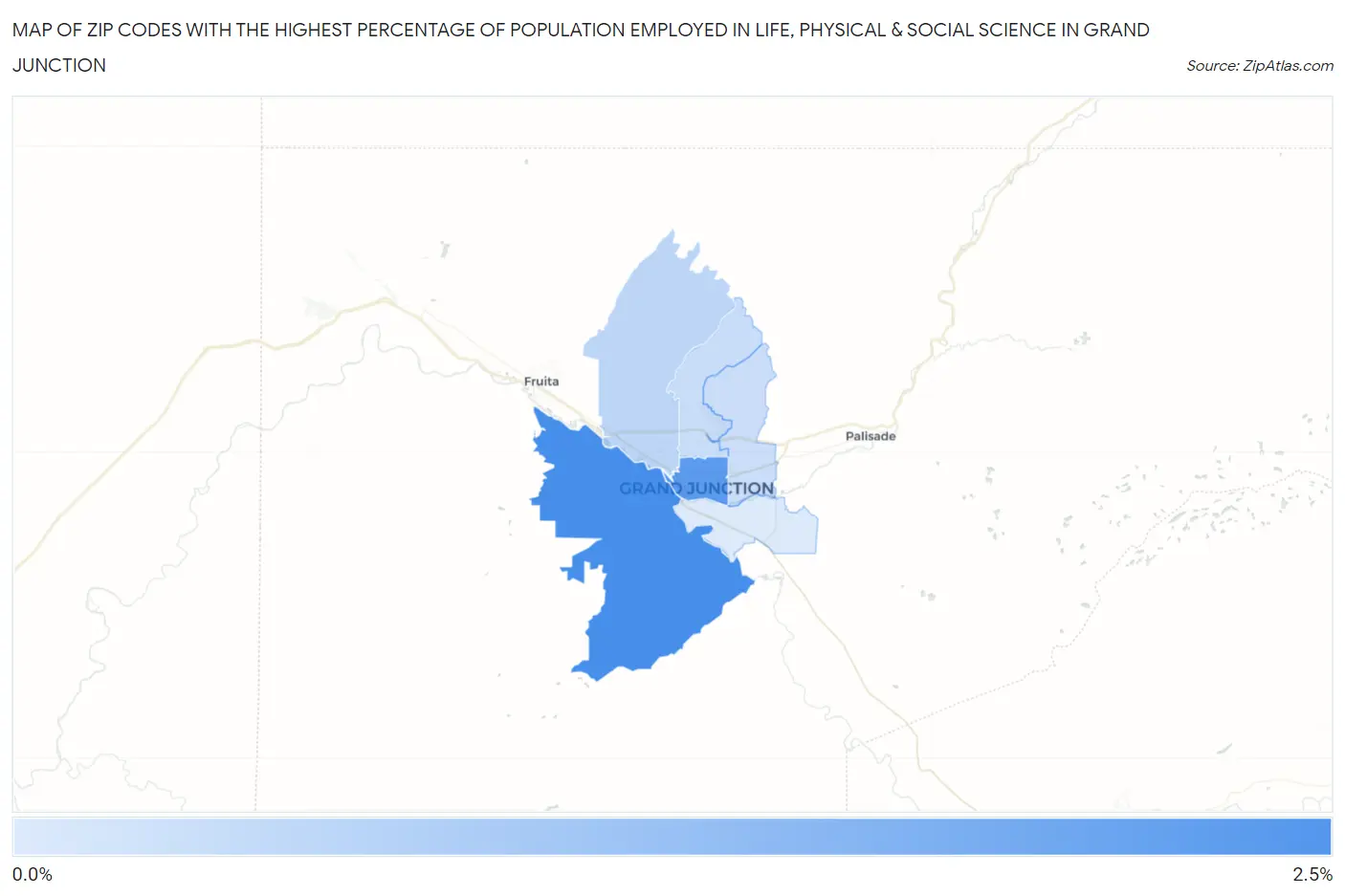 Zip Codes with the Highest Percentage of Population Employed in Life, Physical & Social Science in Grand Junction Map