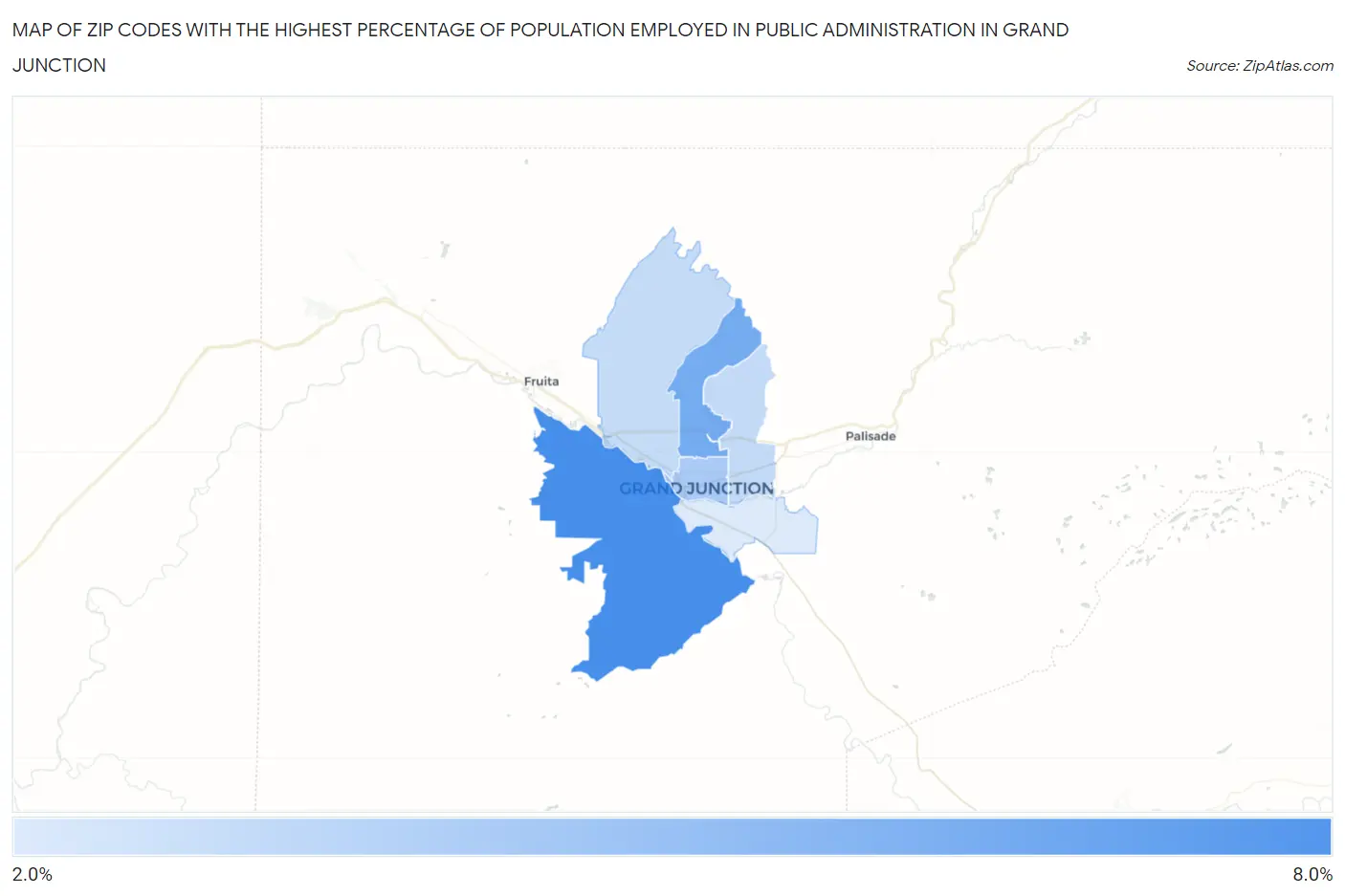 Zip Codes with the Highest Percentage of Population Employed in Public Administration in Grand Junction Map