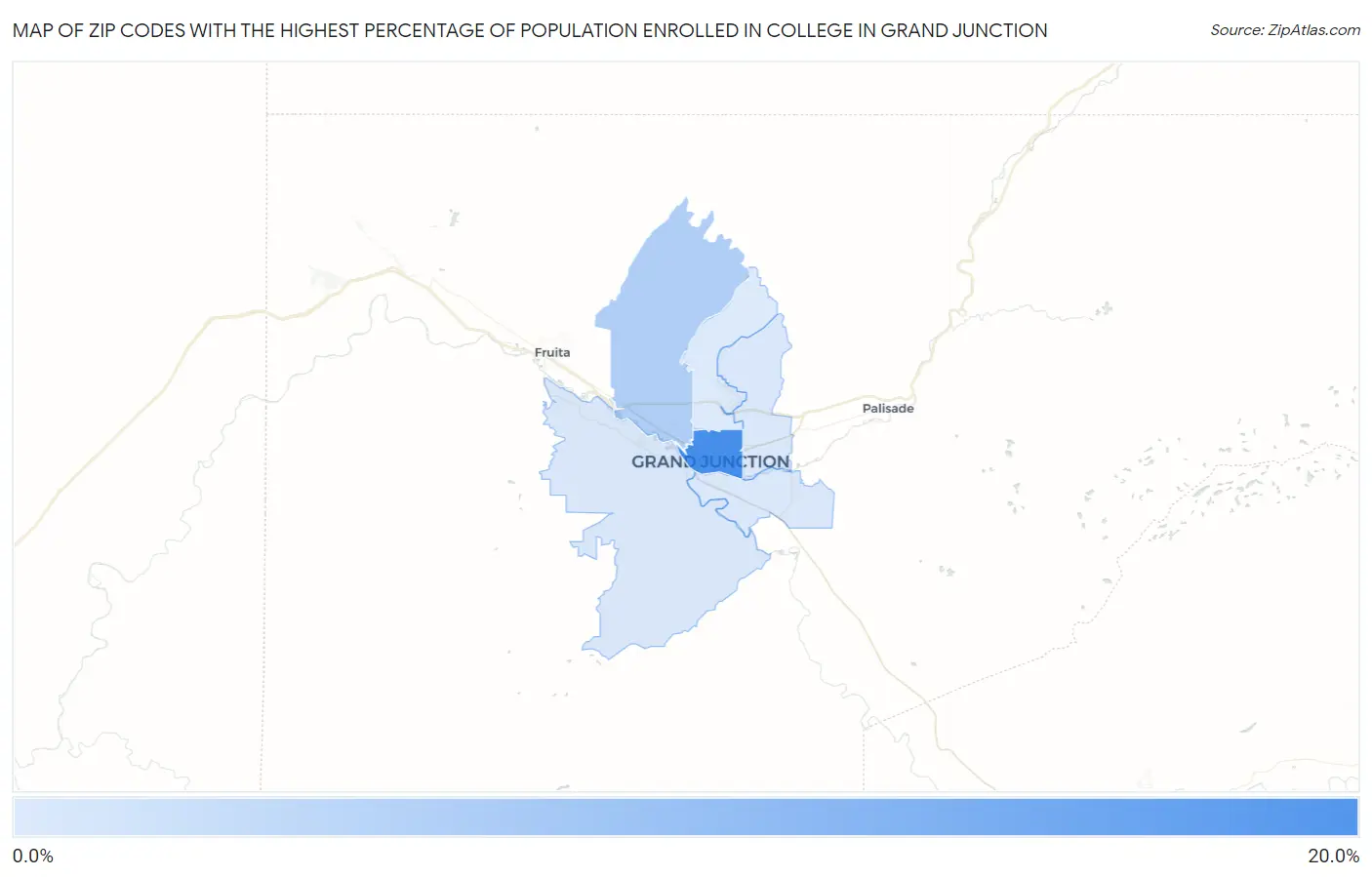 Zip Codes with the Highest Percentage of Population Enrolled in College in Grand Junction Map