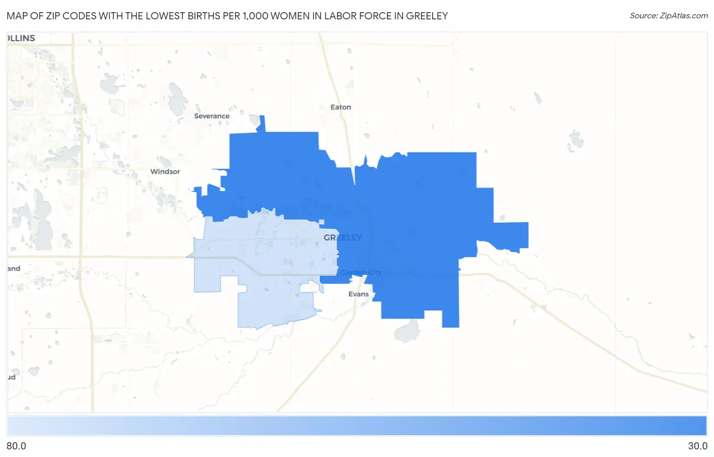 Zip Codes with the Lowest Births per 1,000 Women in Labor Force in Greeley Map