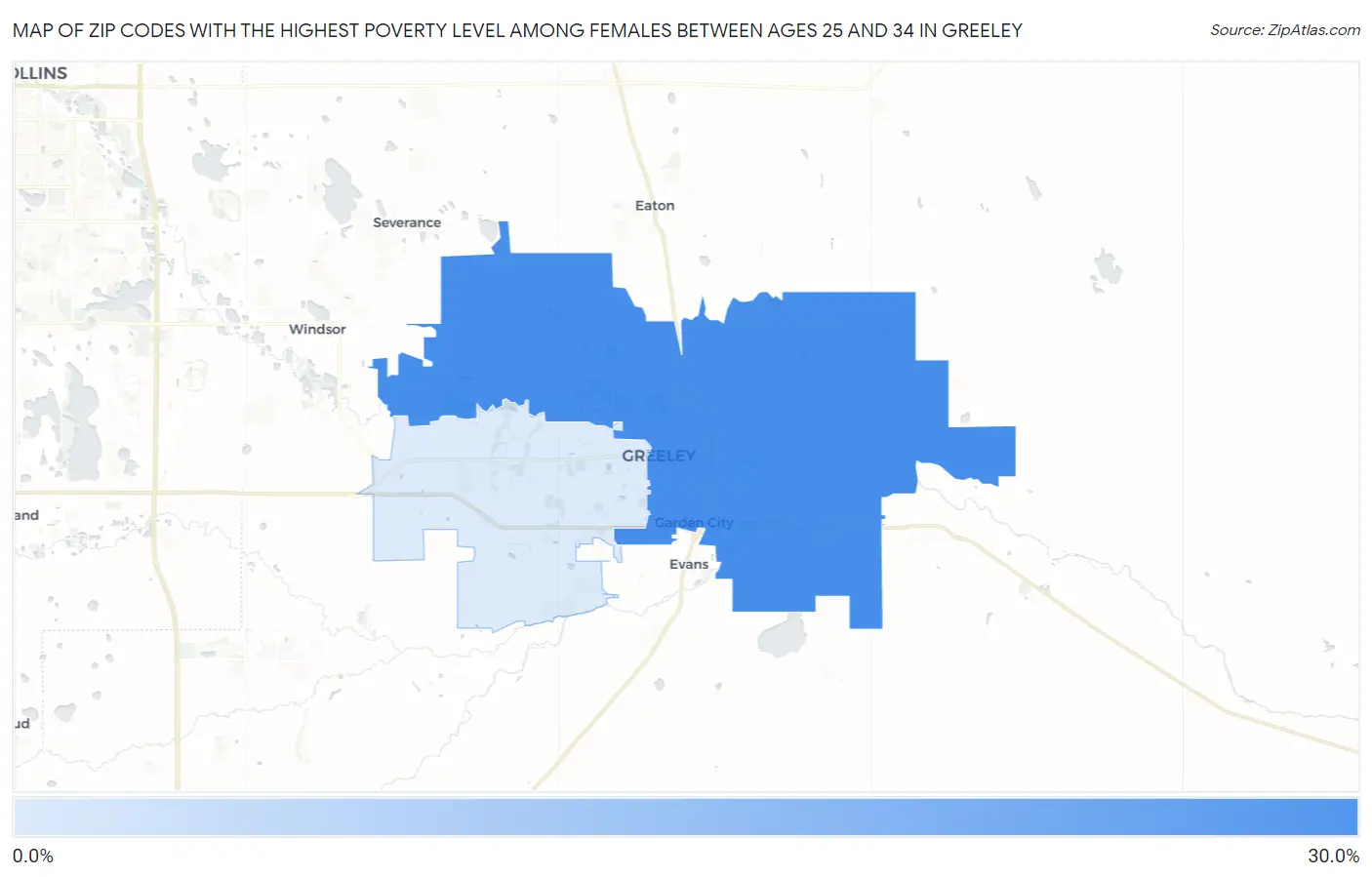 Zip Codes with the Highest Poverty Level Among Females Between Ages 25 and 34 in Greeley Map