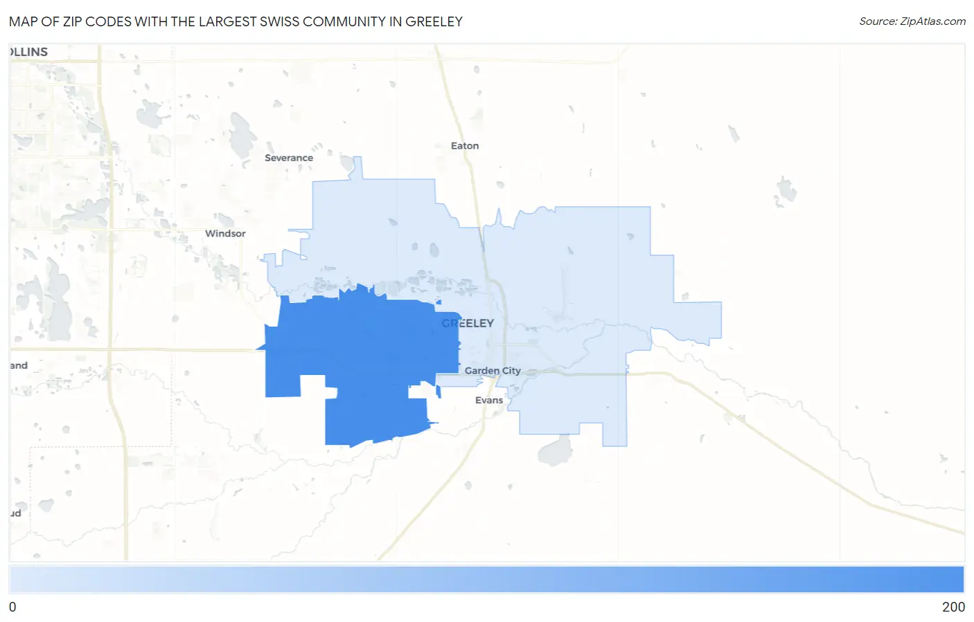 Zip Codes with the Largest Swiss Community in Greeley Map