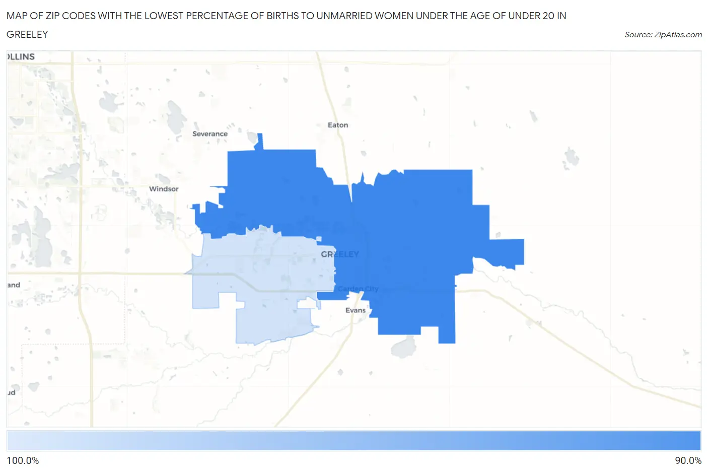 Zip Codes with the Lowest Percentage of Births to Unmarried Women under the Age of under 20 in Greeley Map