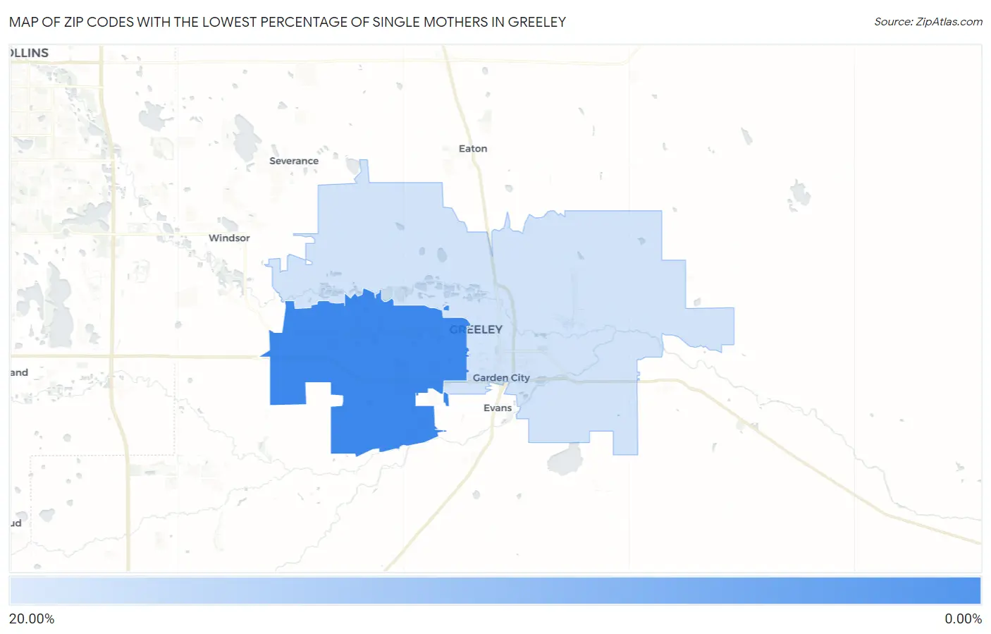 Zip Codes with the Lowest Percentage of Single Mothers in Greeley Map