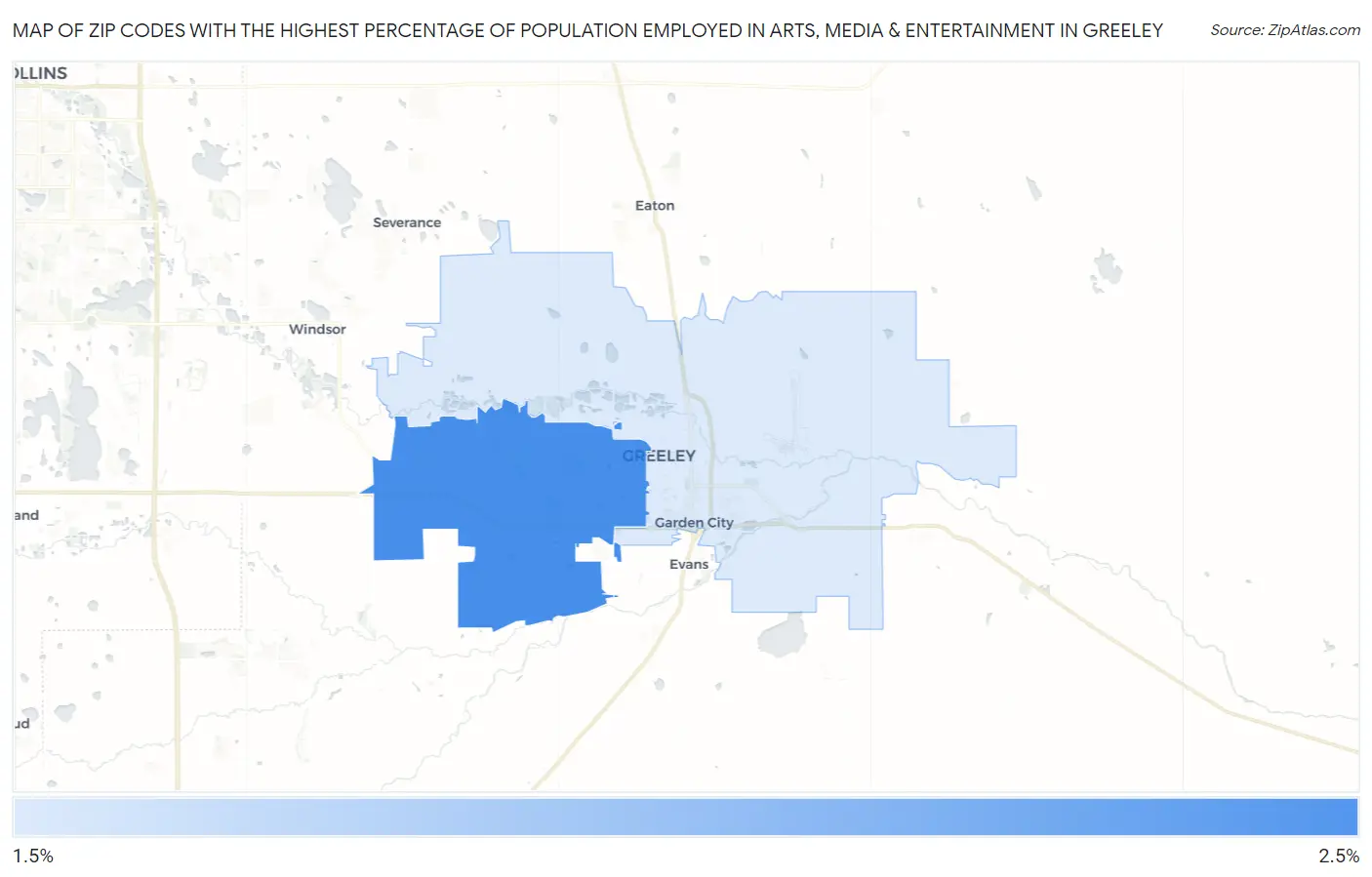 Zip Codes with the Highest Percentage of Population Employed in Arts, Media & Entertainment in Greeley Map