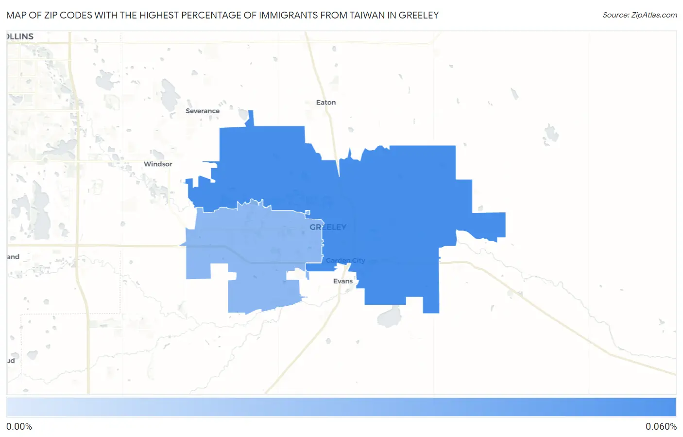 Zip Codes with the Highest Percentage of Immigrants from Taiwan in Greeley Map