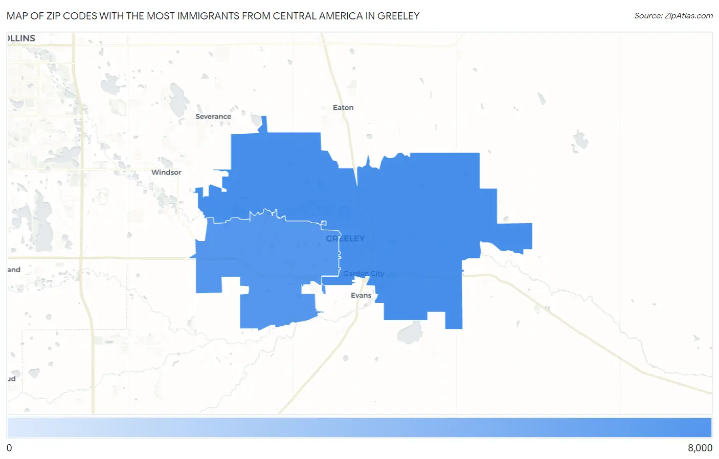 Zip Codes with the Most Immigrants from Central America in Greeley Map