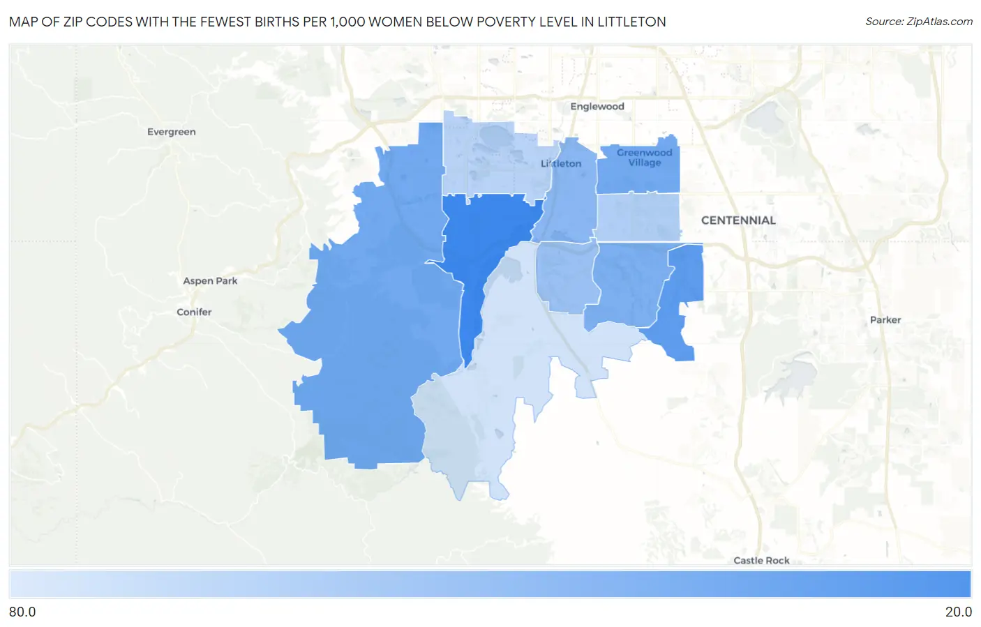 Zip Codes with the Fewest Births per 1,000 Women Below Poverty Level in Littleton Map