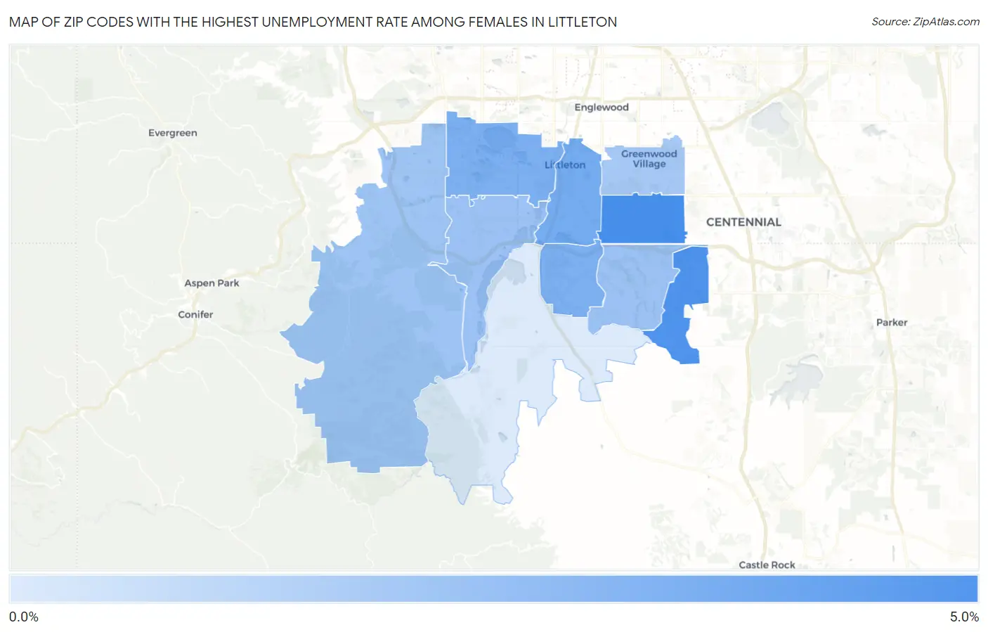 Zip Codes with the Highest Unemployment Rate Among Females in Littleton Map