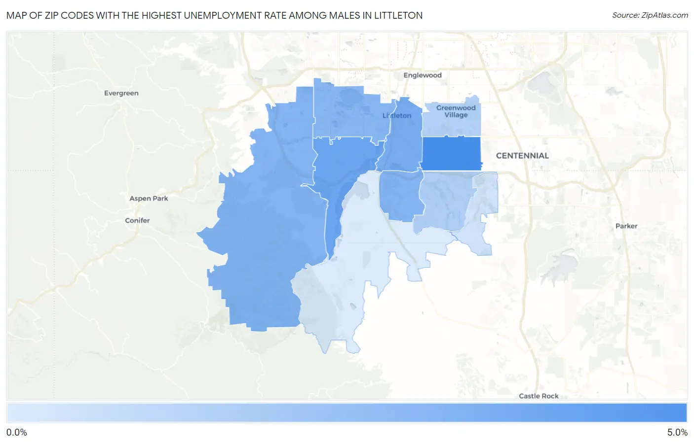 Zip Codes with the Highest Unemployment Rate Among Males in Littleton Map