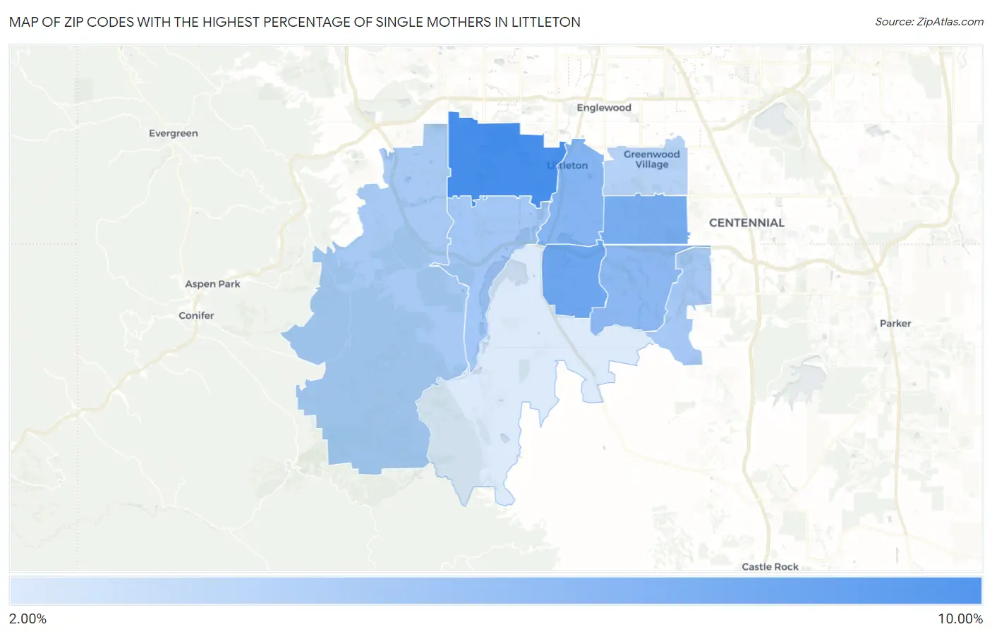 Zip Codes with the Highest Percentage of Single Mothers in Littleton Map