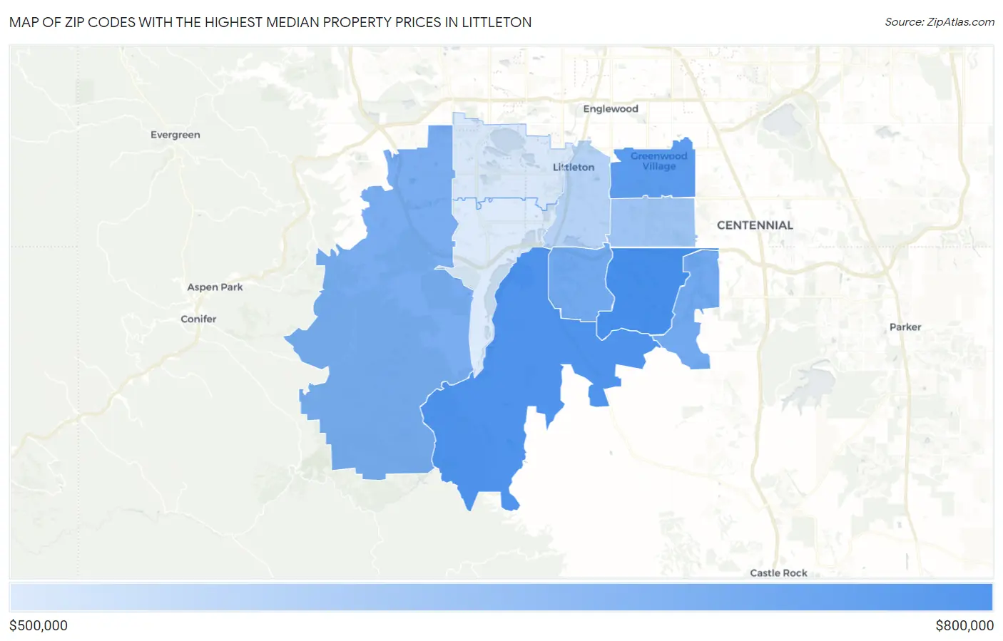 Zip Codes with the Highest Median Property Prices in Littleton Map