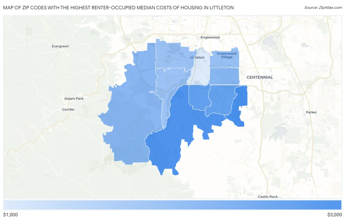 Zip Codes with the Highest Renter-Occupied Median Costs of Housing in Littleton Map