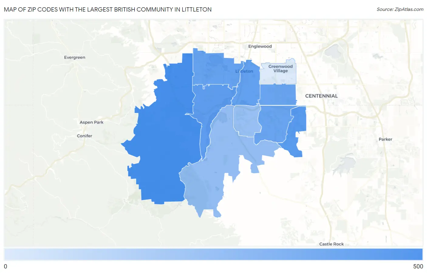 Zip Codes with the Largest British Community in Littleton Map