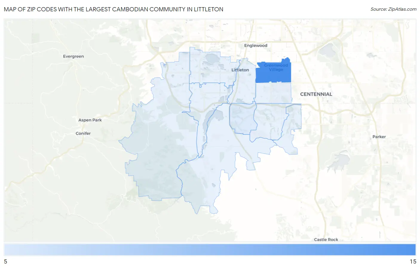 Zip Codes with the Largest Cambodian Community in Littleton Map