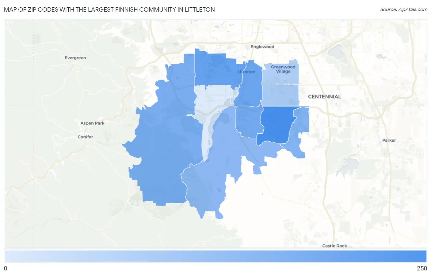 Zip Codes with the Largest Finnish Community in Littleton Map