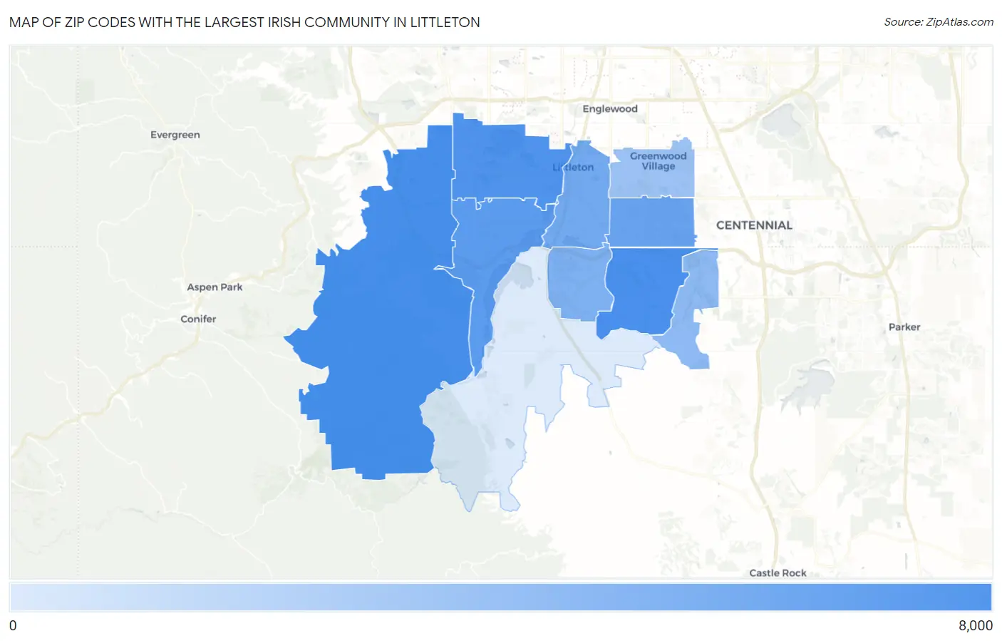 Zip Codes with the Largest Irish Community in Littleton Map