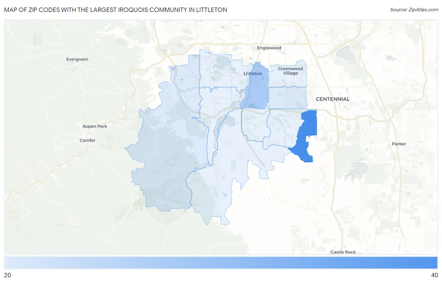 Zip Codes with the Largest Iroquois Community in Littleton Map