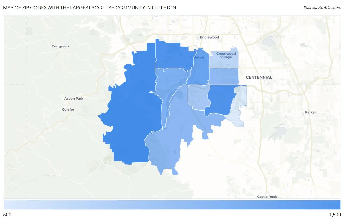 Zip Codes with the Largest Scottish Community in Littleton Map