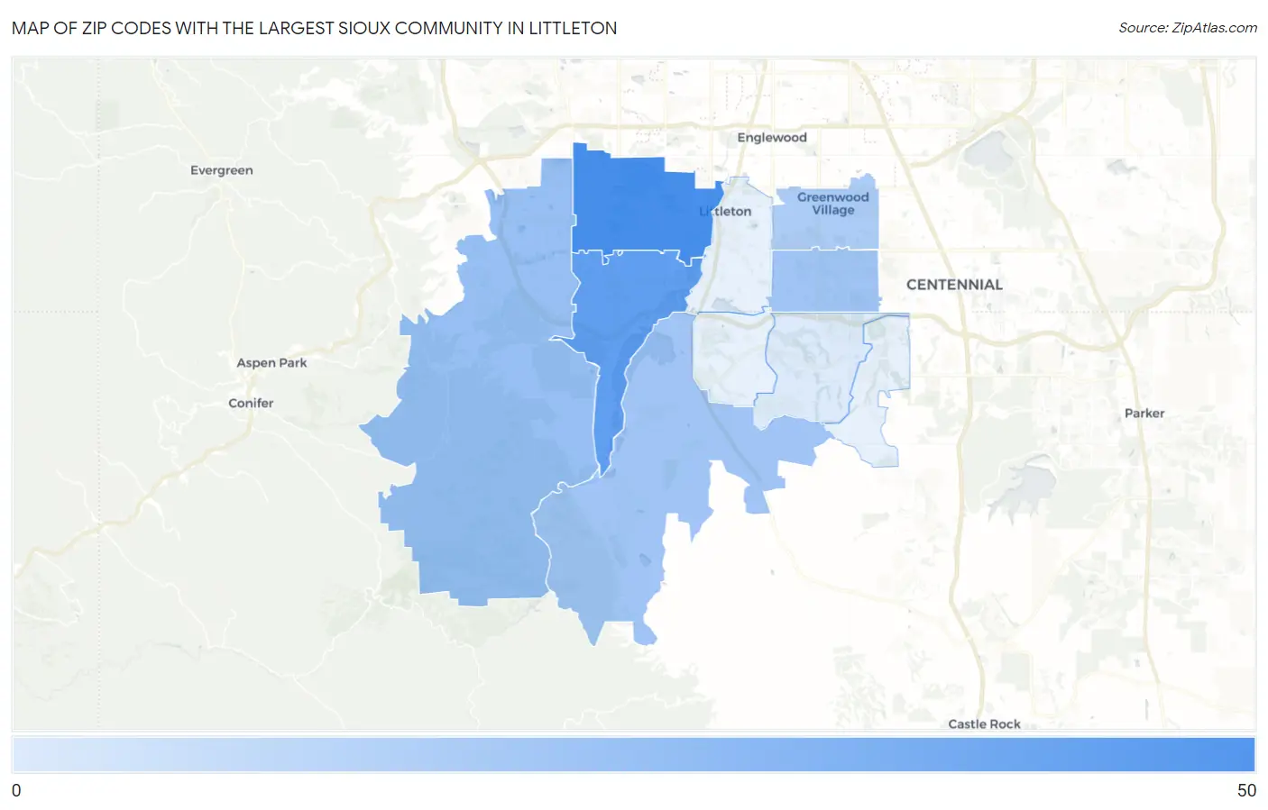 Zip Codes with the Largest Sioux Community in Littleton Map