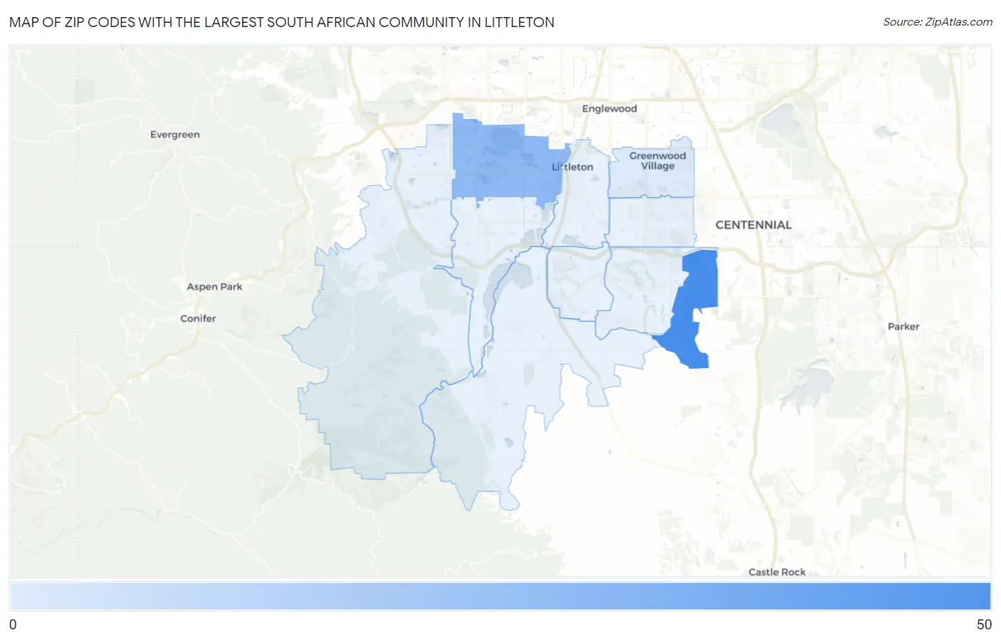 Zip Codes with the Largest South African Community in Littleton Map