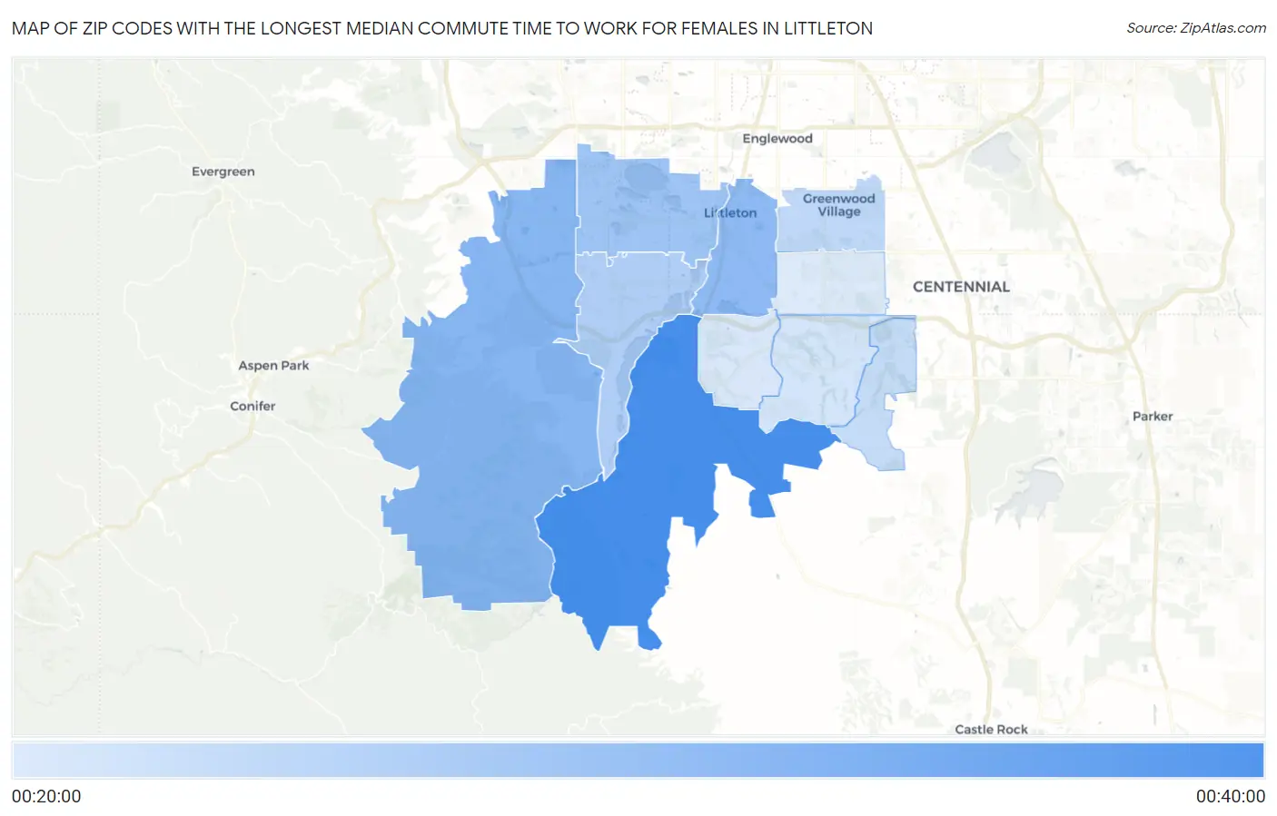 Zip Codes with the Longest Median Commute Time to Work for Females in Littleton Map