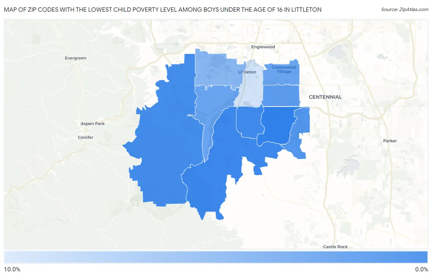 Zip Codes with the Lowest Child Poverty Level Among Boys Under the Age of 16 in Littleton Map