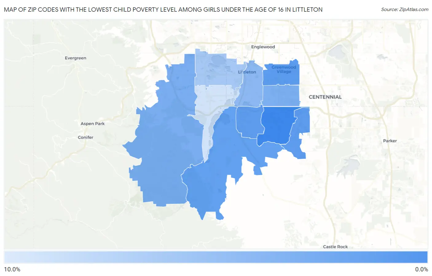 Zip Codes with the Lowest Child Poverty Level Among Girls Under the Age of 16 in Littleton Map