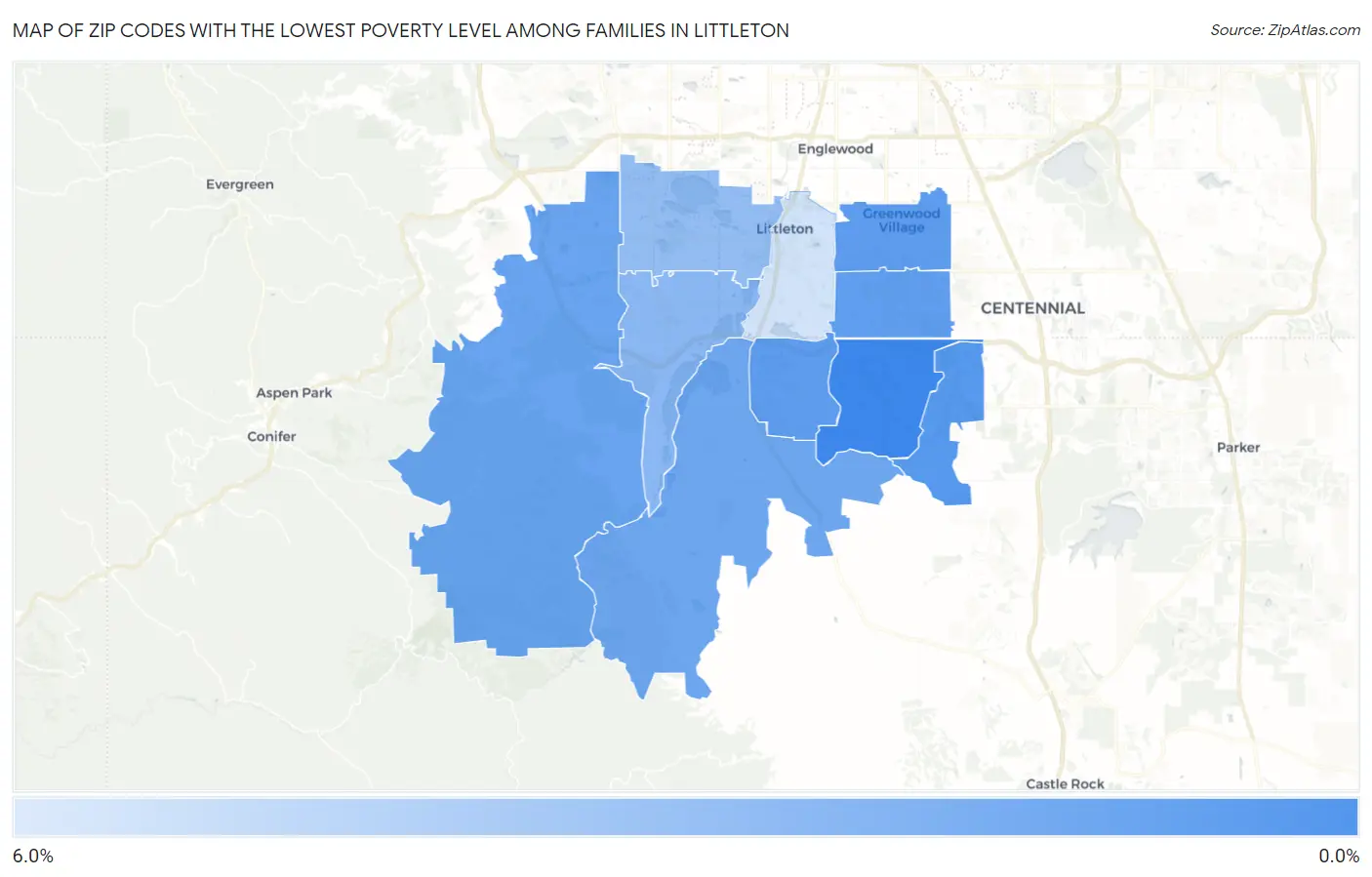 Zip Codes with the Lowest Poverty Level Among Families in Littleton Map