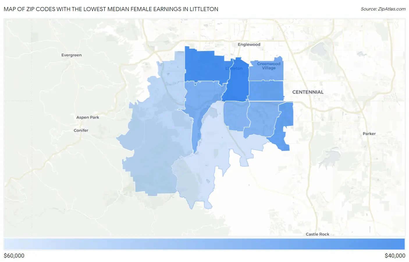 Zip Codes with the Lowest Median Female Earnings in Littleton Map