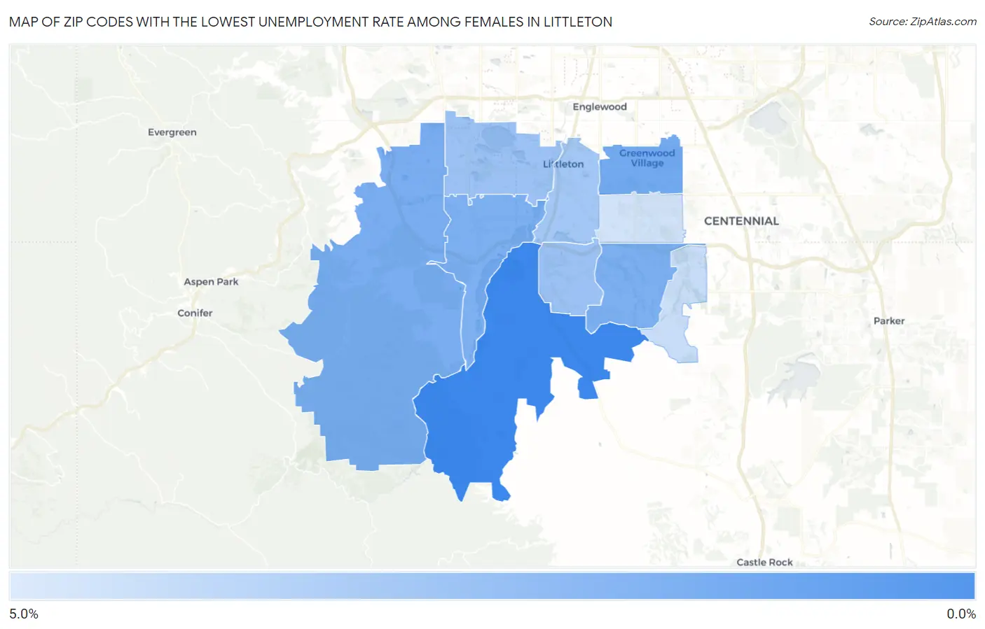 Zip Codes with the Lowest Unemployment Rate Among Females in Littleton Map