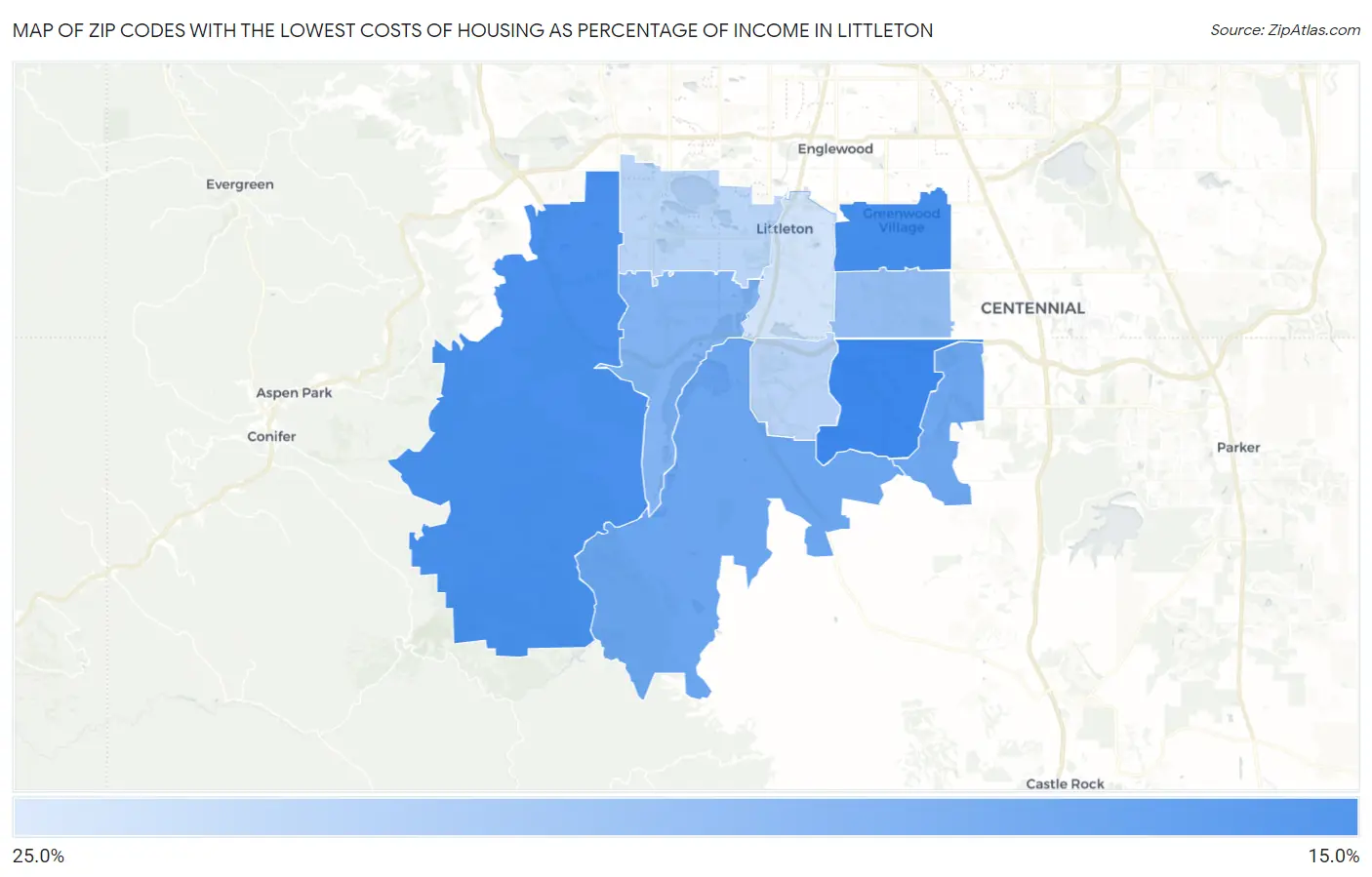 Zip Codes with the Lowest Costs of Housing as Percentage of Income in Littleton Map