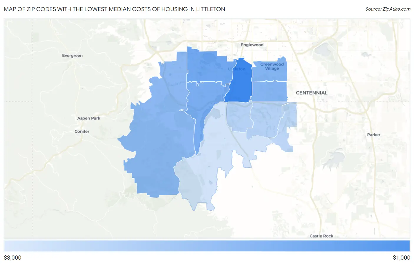 Zip Codes with the Lowest Median Costs of Housing in Littleton Map
