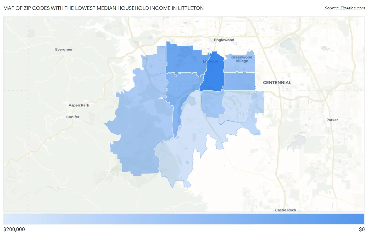 Zip Codes with the Lowest Median Household Income in Littleton Map