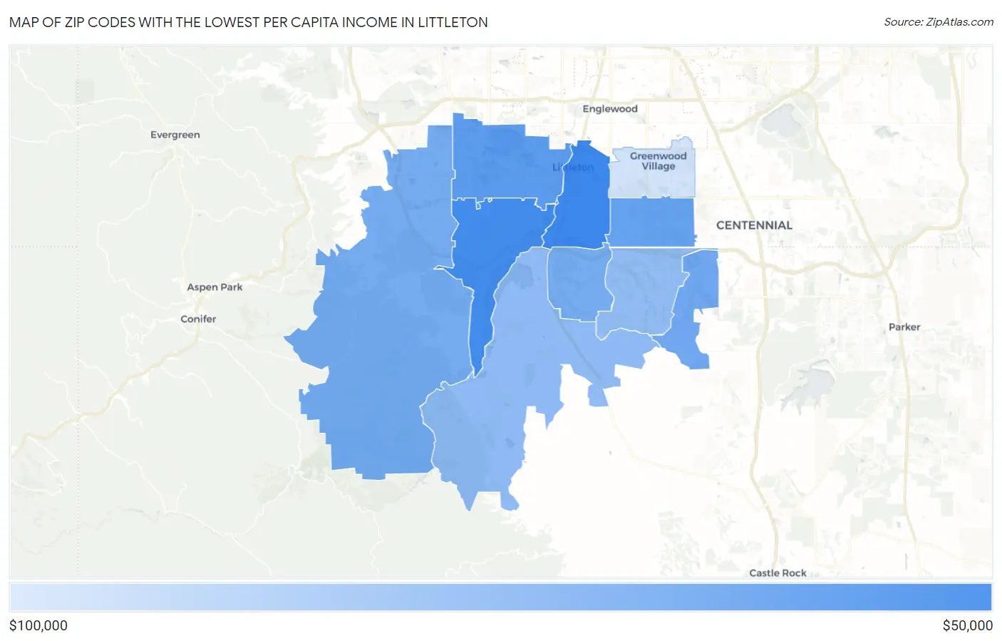 Zip Codes with the Lowest Per Capita Income in Littleton Map